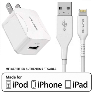 Galvanox 10W USB-A Wall Charger with 5 ft USB-A to Lightning Cable (White)