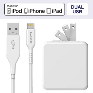 Lightning to USB Charging Cable Plus Dual USB-Port Wall Plug 17W 5 ft Cable White