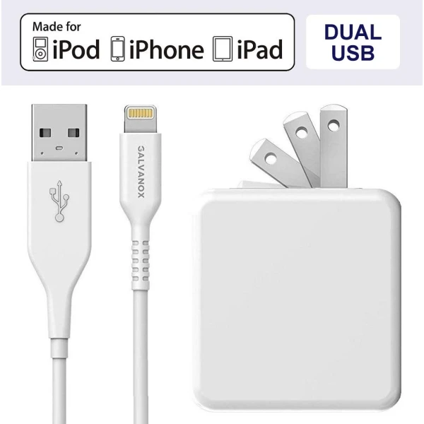 Lightning-to-USB-Charging-Cable-Plus-Dual-USB-Port-Wall-Plug-17W-5ft-Cable-White-Galvanox